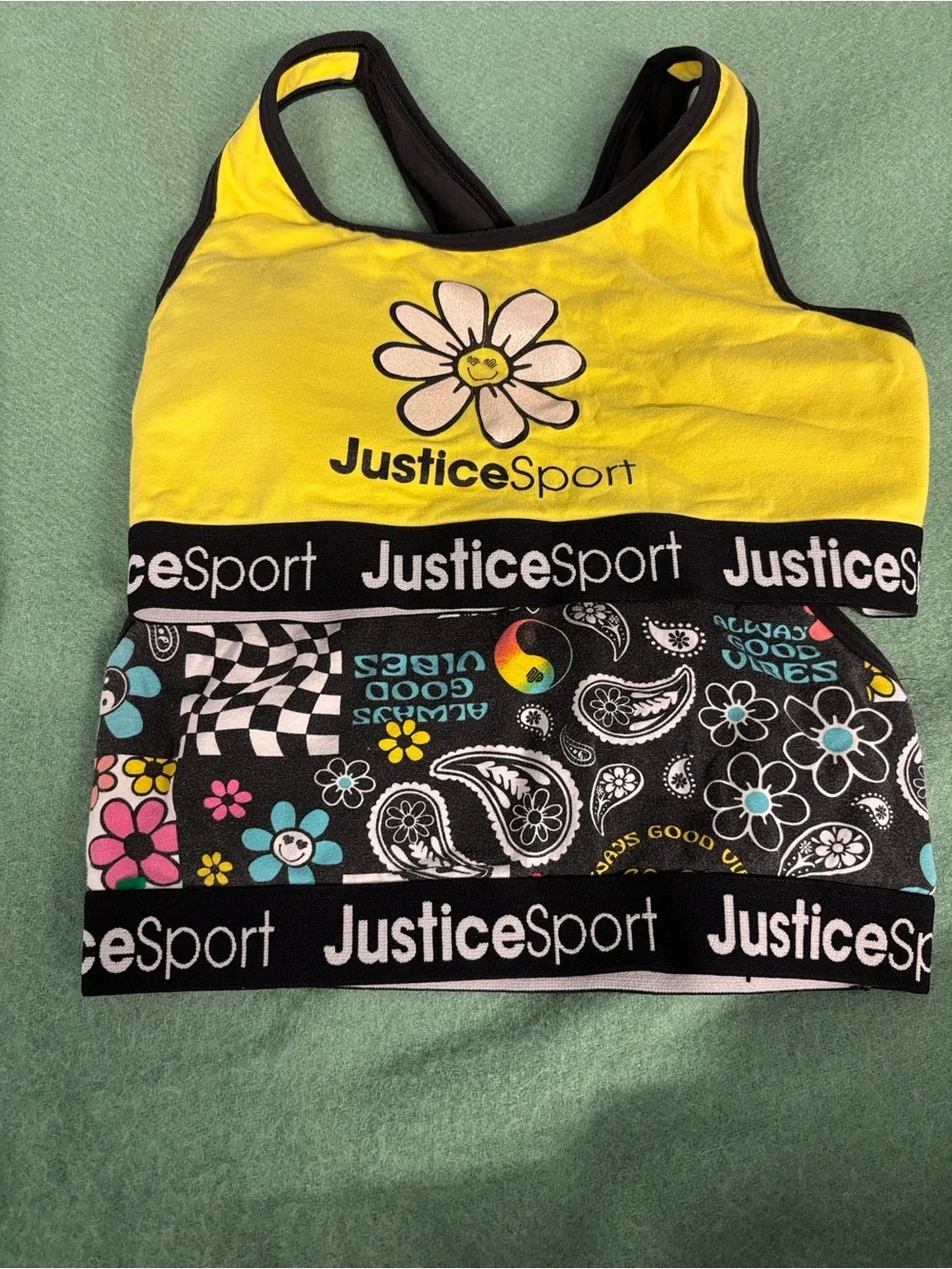 Justice Sport Girls' Yellow Daisy & Black Patterned Active Sports Bras - 2-Pack